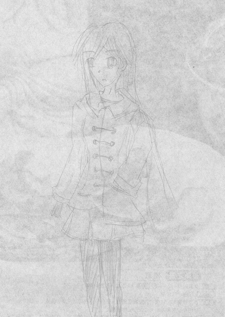 手繪掃描器自掃鉛筆稿,著女用大衣穿裙子與長統襪的少女