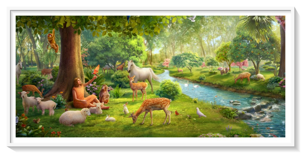 亞當和動物在伊甸園里快樂地生活