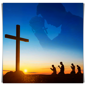 基督徒在十字架面前向神禱告