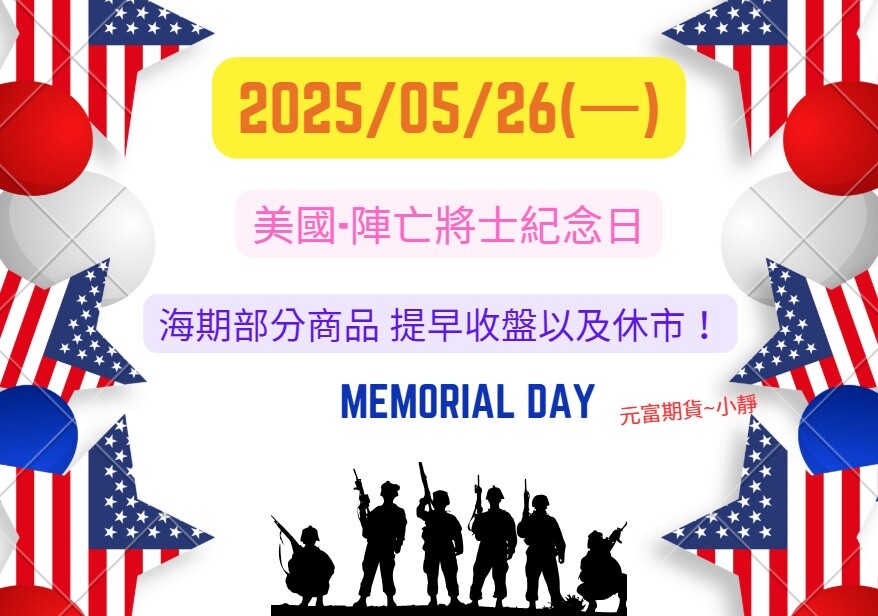 【2025年5月26日(一)美國-陣亡將士紀念日/期貨市場提早收盤/休市通知