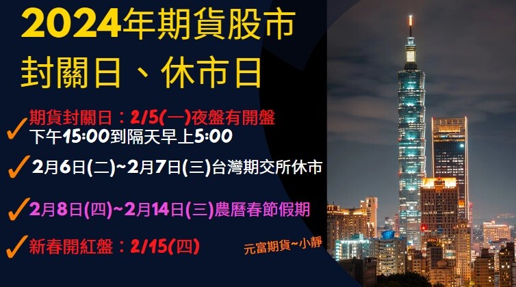 2024年期貨選擇權股市封關日、休市日、行事曆